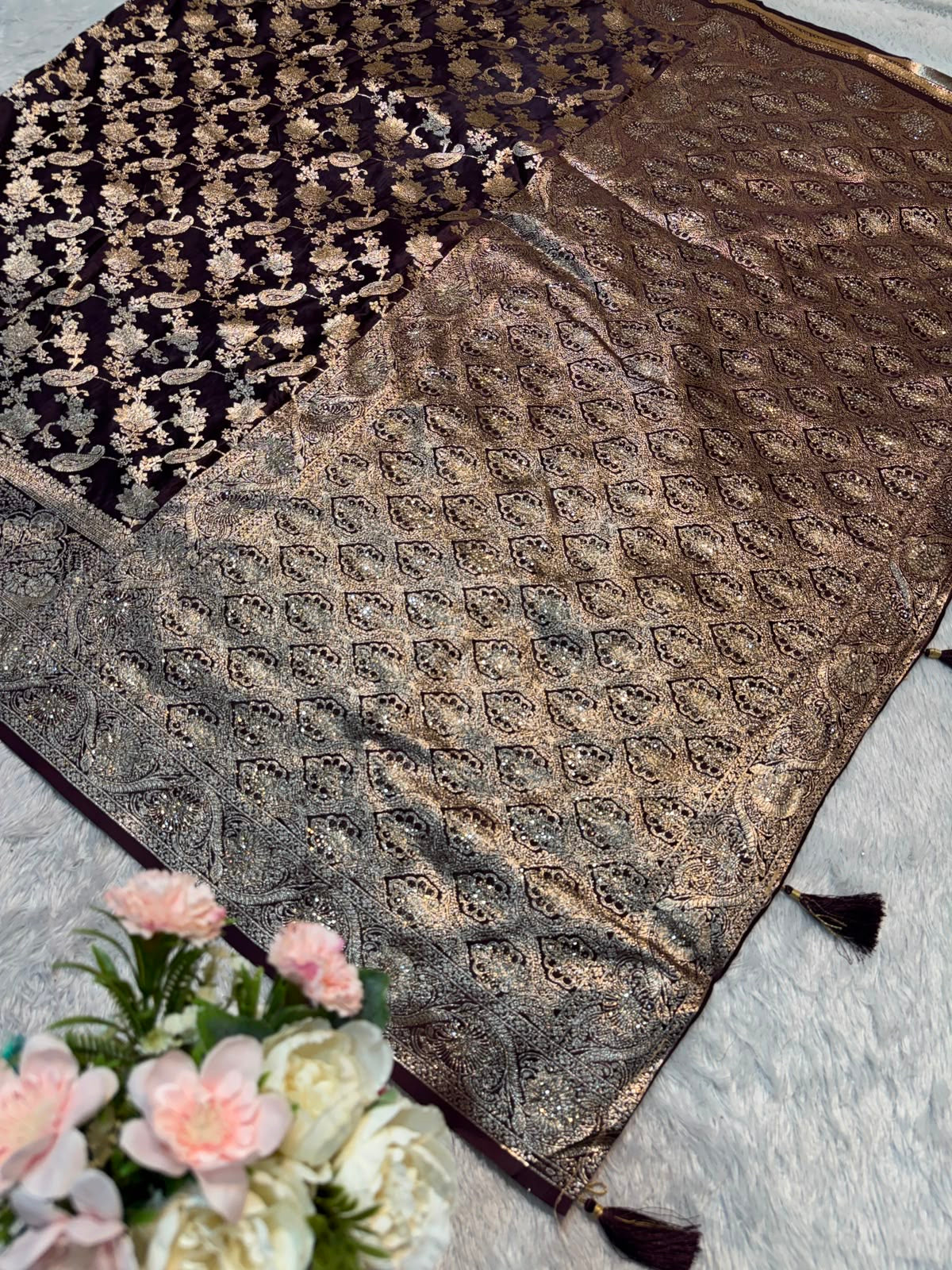 Satin soft Banarasi saree with intricate gold zari work and matching unstitched blouse for elegant cultural wear by Saree Ghor Charlotte