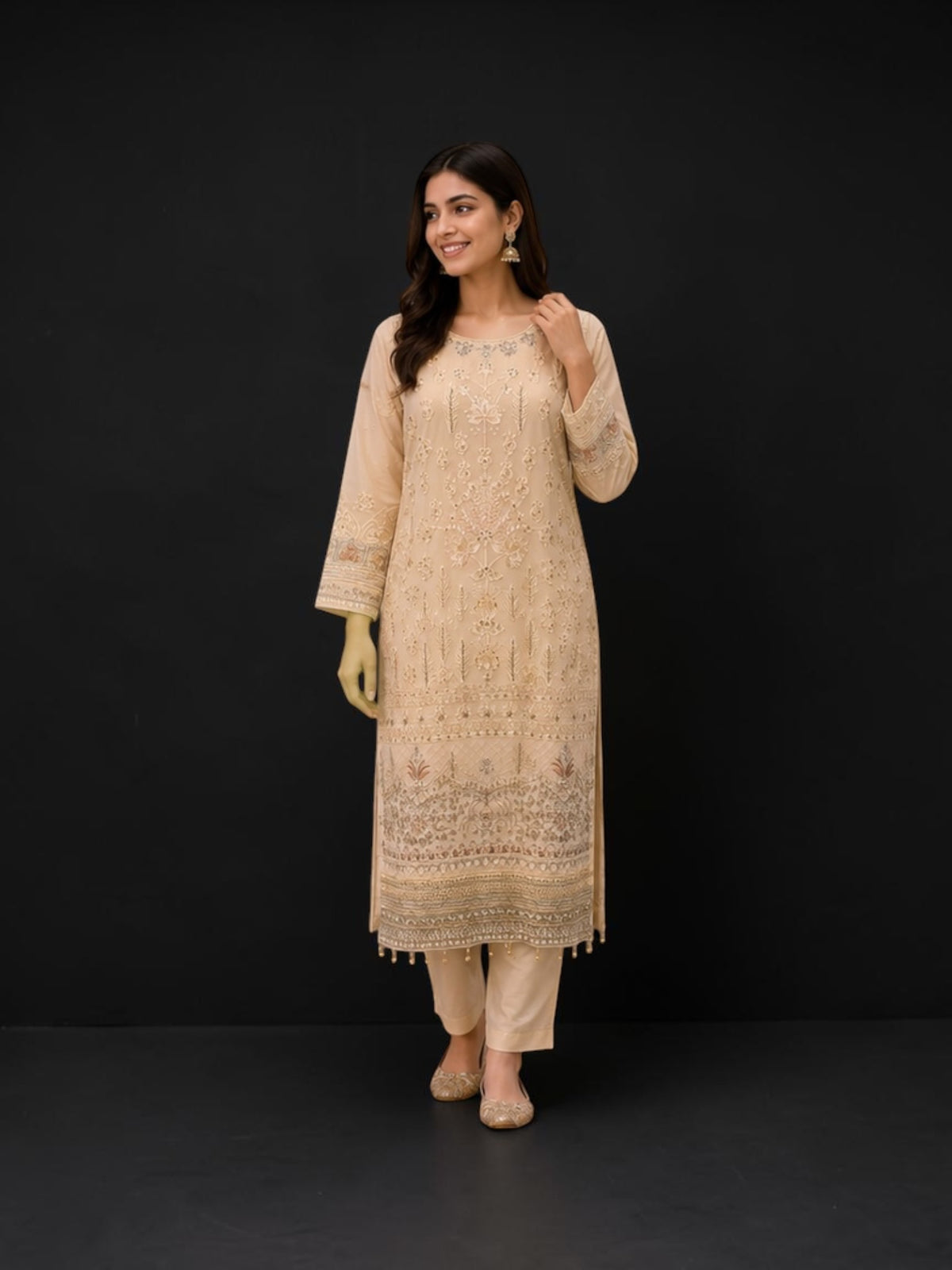 Golden Color Georgette Embroidery Work 2 Pc set, Cultural Wear for Women