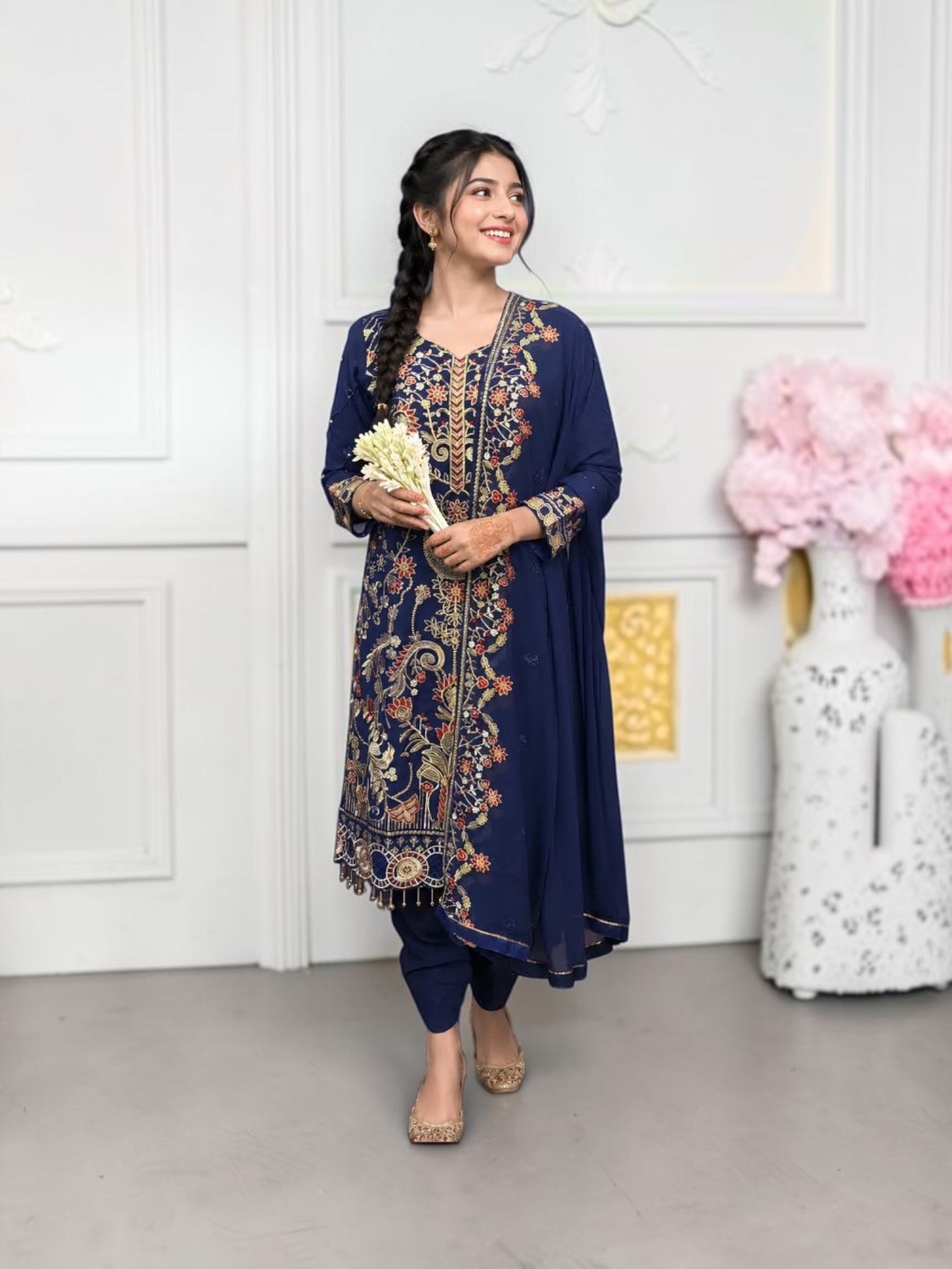 Traditional Saree Ghor Charlotte salwar kameez set for women, vibrant cultural wear with intricate embroidery and matching dupatta.