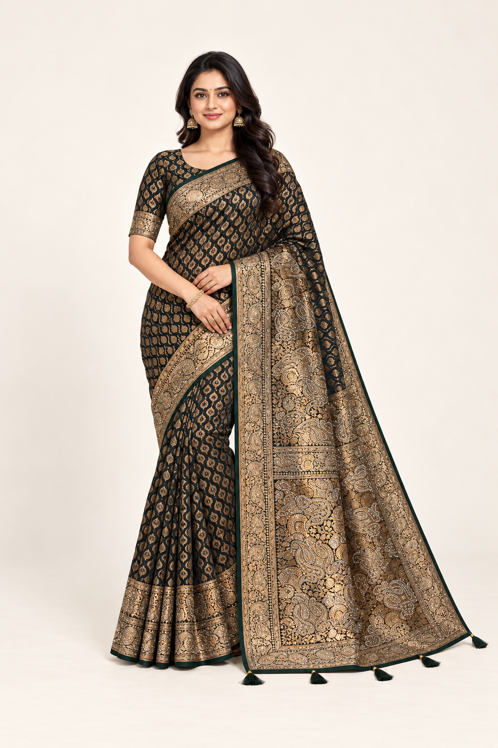 Satin soft Banarasi saree from Saree Ghor Charlotte with intricate gold border and unstitched blouse for traditional cultural wear