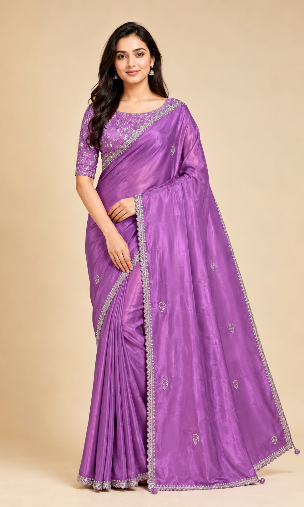 Elegant designer saree with ready blouse by Saree Ghor Charlotte, showcasing intricate traditional patterns for women.