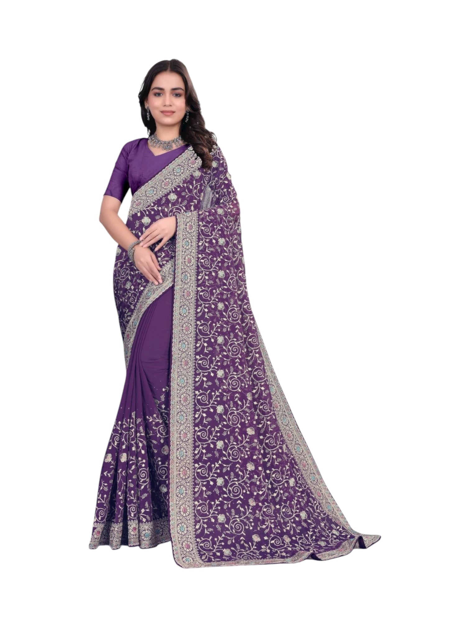 Elegant Georgette traditional saree for women by Saree Ghor Charlotte, showcasing intricate designs and vibrant cultural wear.