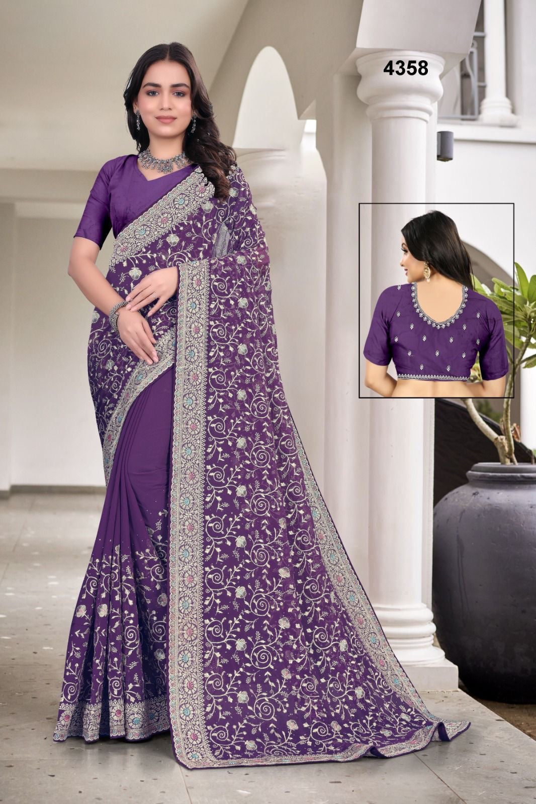 Elegant georgette traditional saree by Saree Ghor Charlotte, showcasing intricate designs and vibrant cultural wear for women.