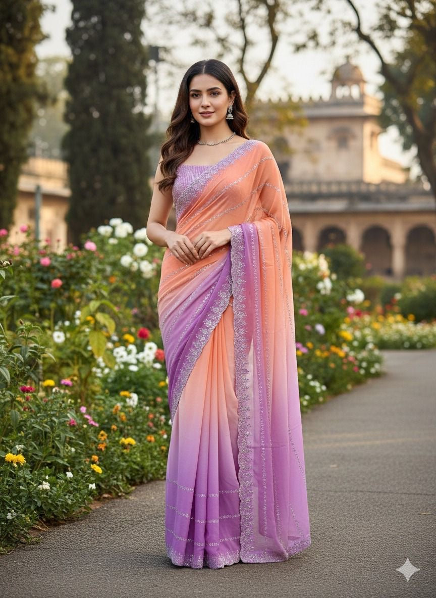 Star Georgette traditional saree by Saree Ghor Charlotte, featuring intricate designs and elegant drape for cultural women’s wear.
