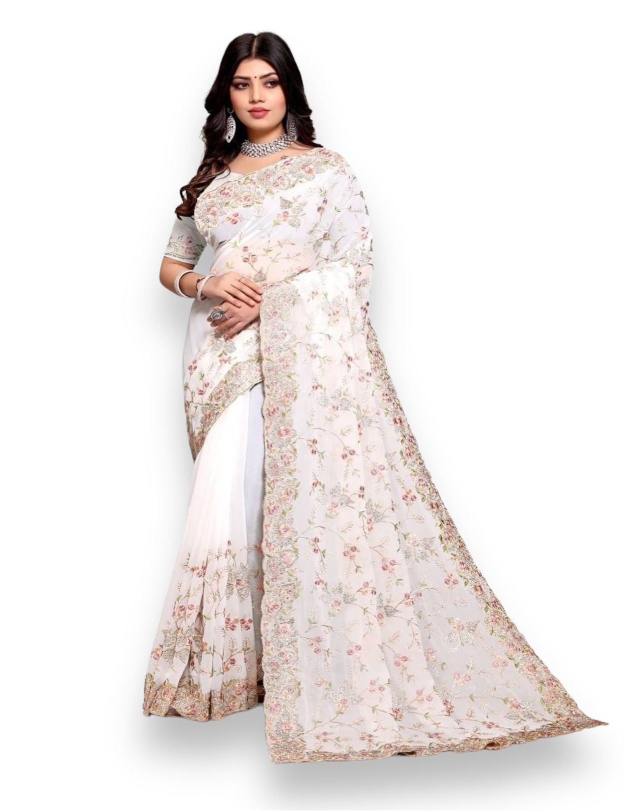 Elegant White Georgette Party Wear Saree with Heavy Resham & Jari Embroidery and Ready Blouse