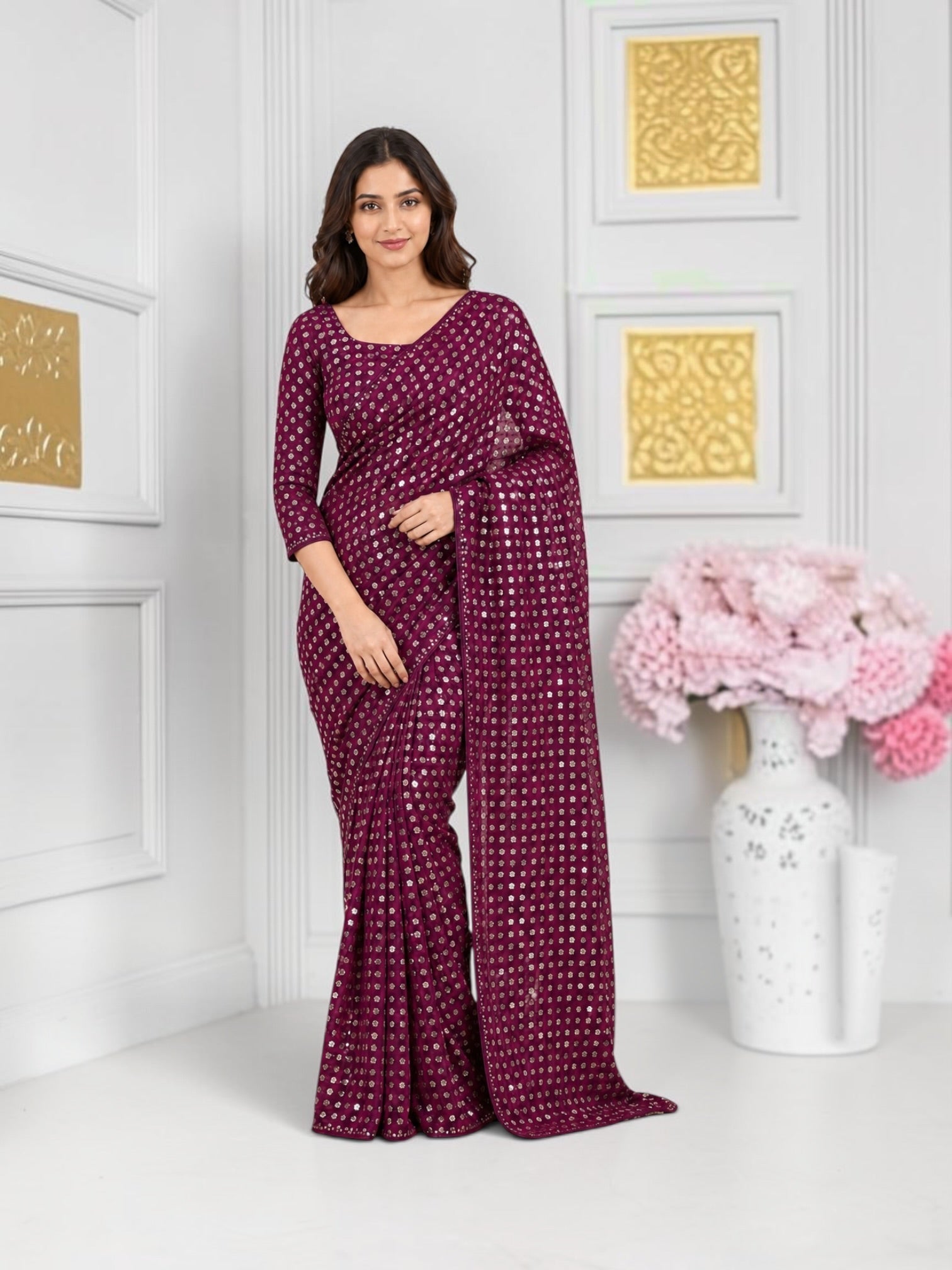 Soft georgette saree with matching ready blouse from Saree Ghor Charlotte, traditional cultural wear for women.