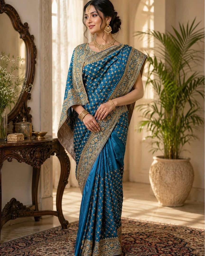 Traditional designer saree from Saree Ghor Charlotte featuring elegant fabric and intricate patterns for women's cultural wear.