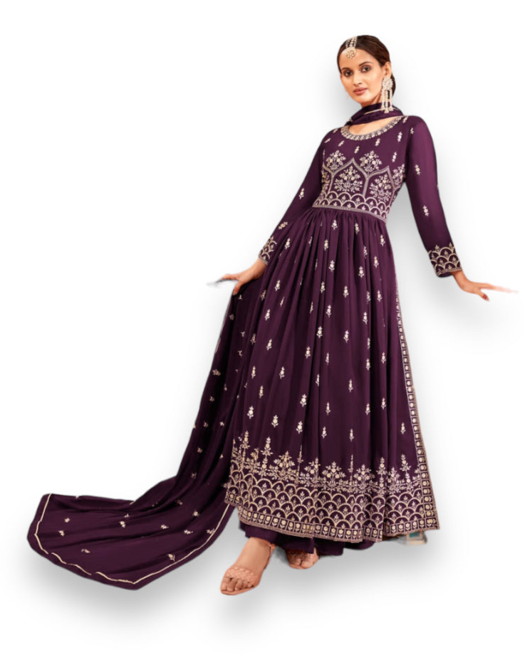 Regal Plum: Purple Nayra Cut Faux Georgette Wedding Wear Salwar Suit