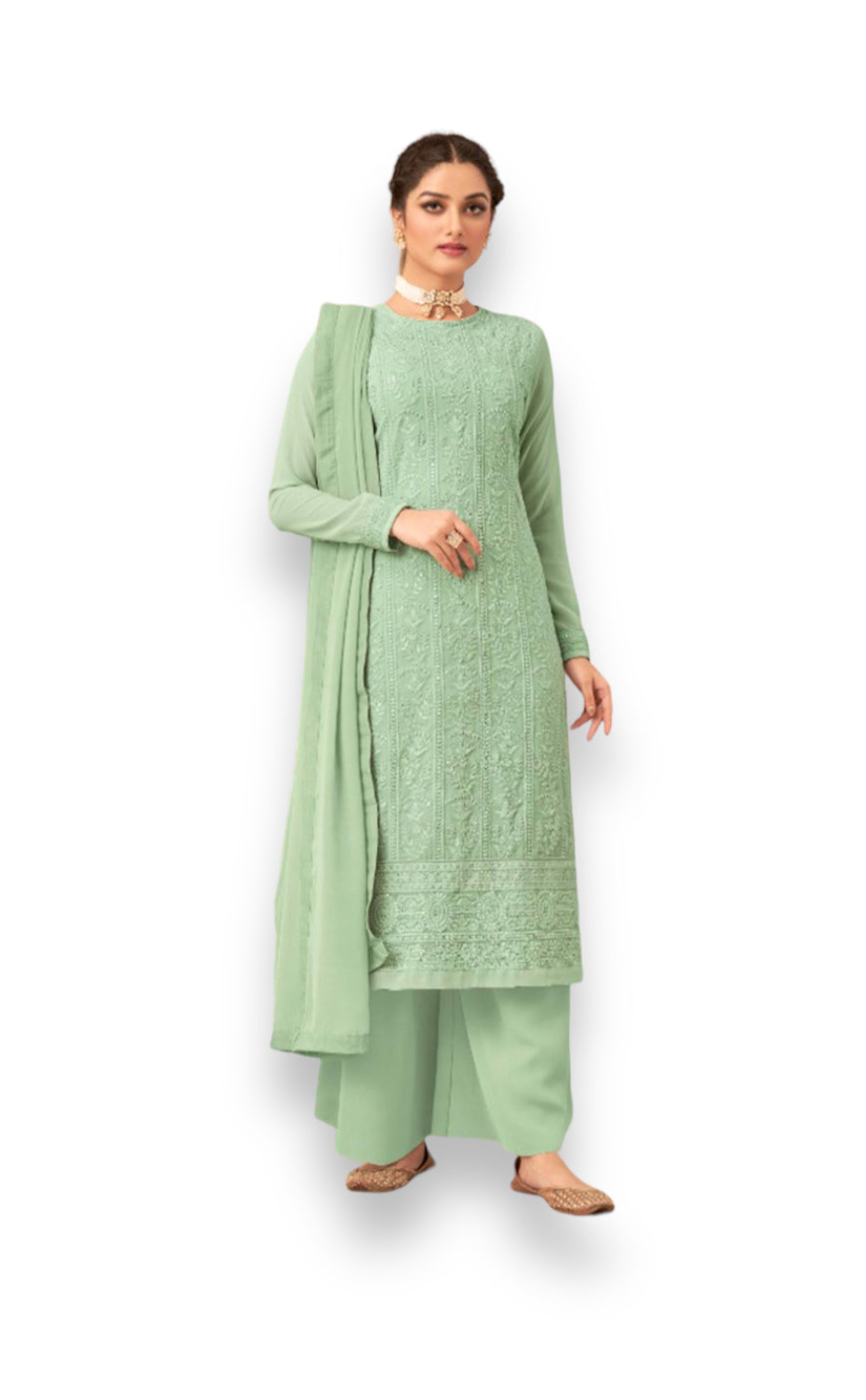 Pista green Faux Georgette Lucknowi Work Salwar Suit - Elegance Redefined