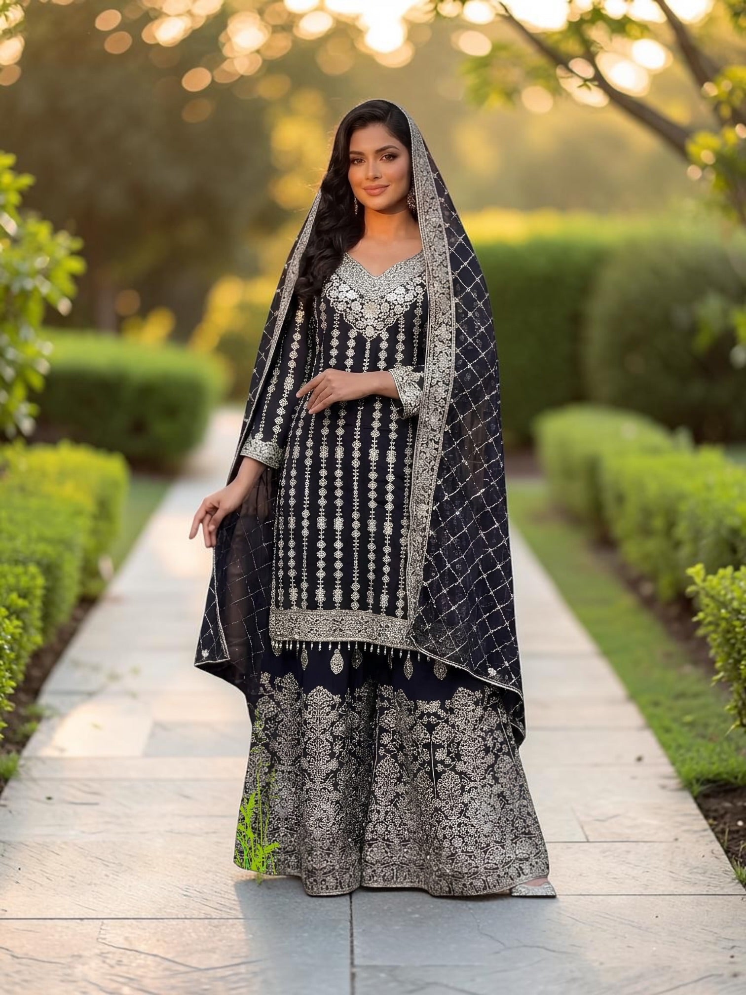 Star Georgette Russian Plazo Dress, cultural women's salwar kameez with intricate design and vibrant colors by Saree Ghor Charlotte.