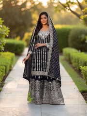 Star Georgette Russian Plazo Dress, cultural women's salwar kameez with intricate design and vibrant colors by Saree Ghor Charlotte.