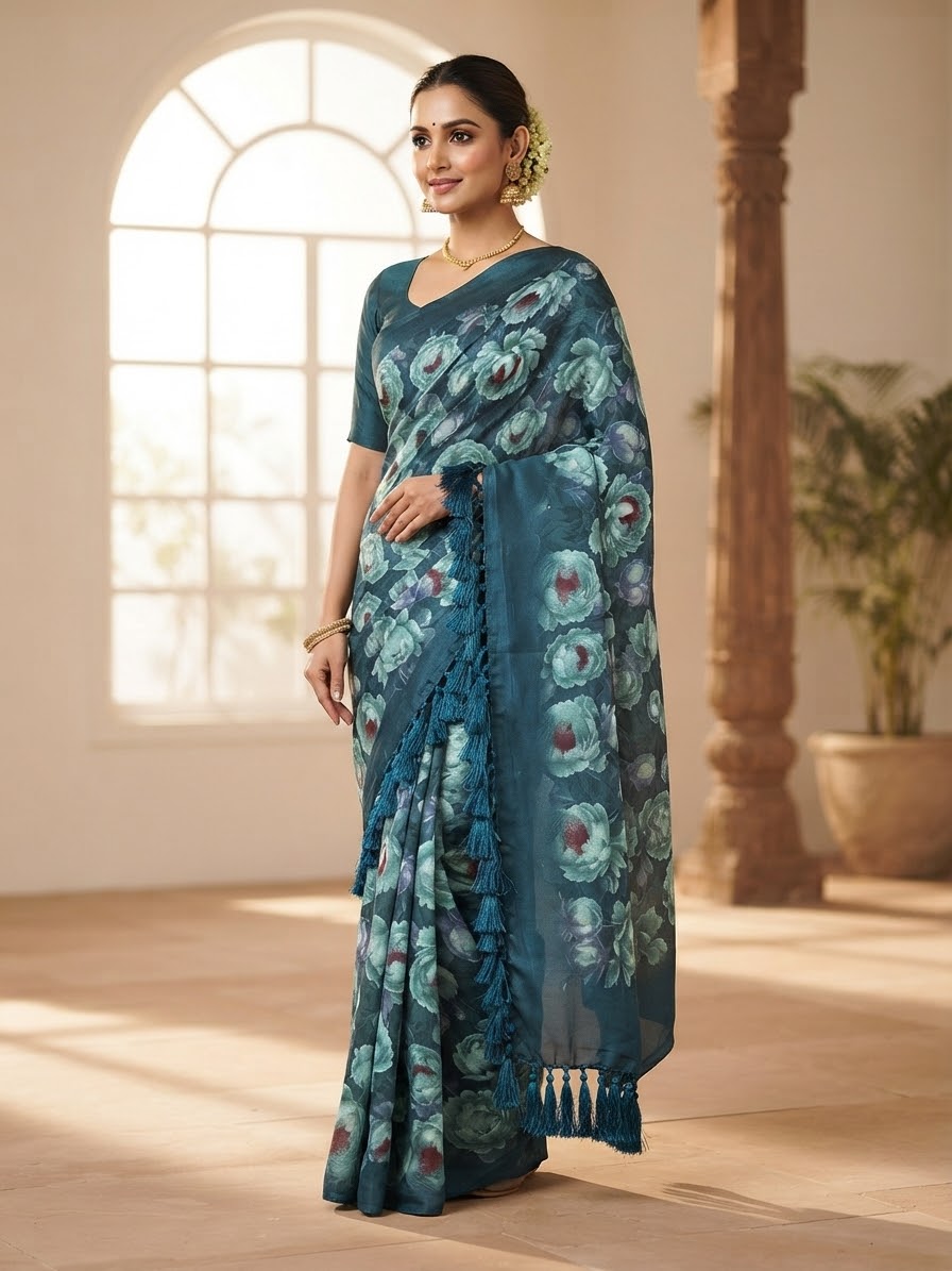 Traditional Saree from Saree Ghor Charlotte featuring vibrant cultural wear for women with intricate patterns and elegant draping.