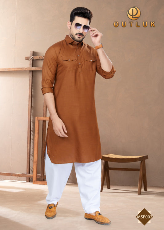 Traditional Light Brown Pathani Cotton Kurta Pajama Outfit