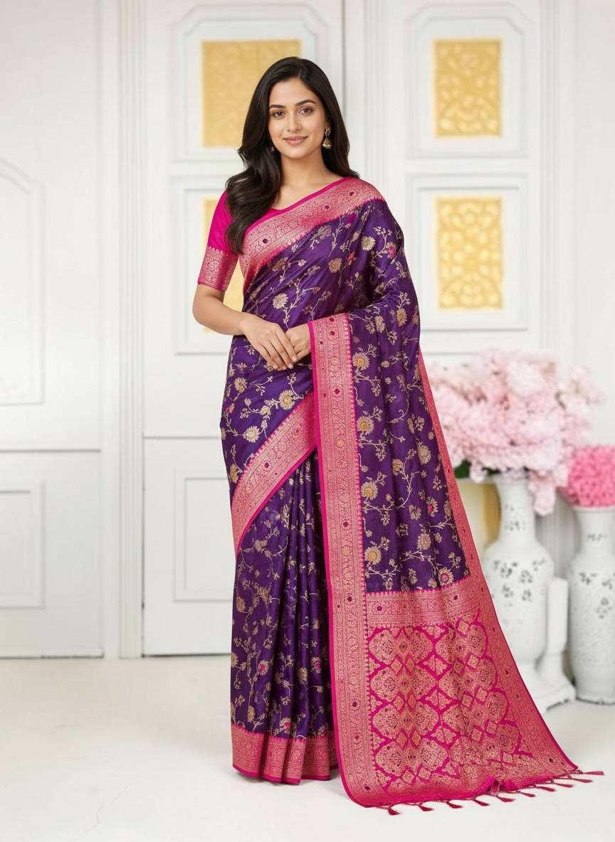 Traditional silk weaving saree with intricate designs and unstitched blouse from Saree Ghor Charlotte, perfect for cultural occasions.