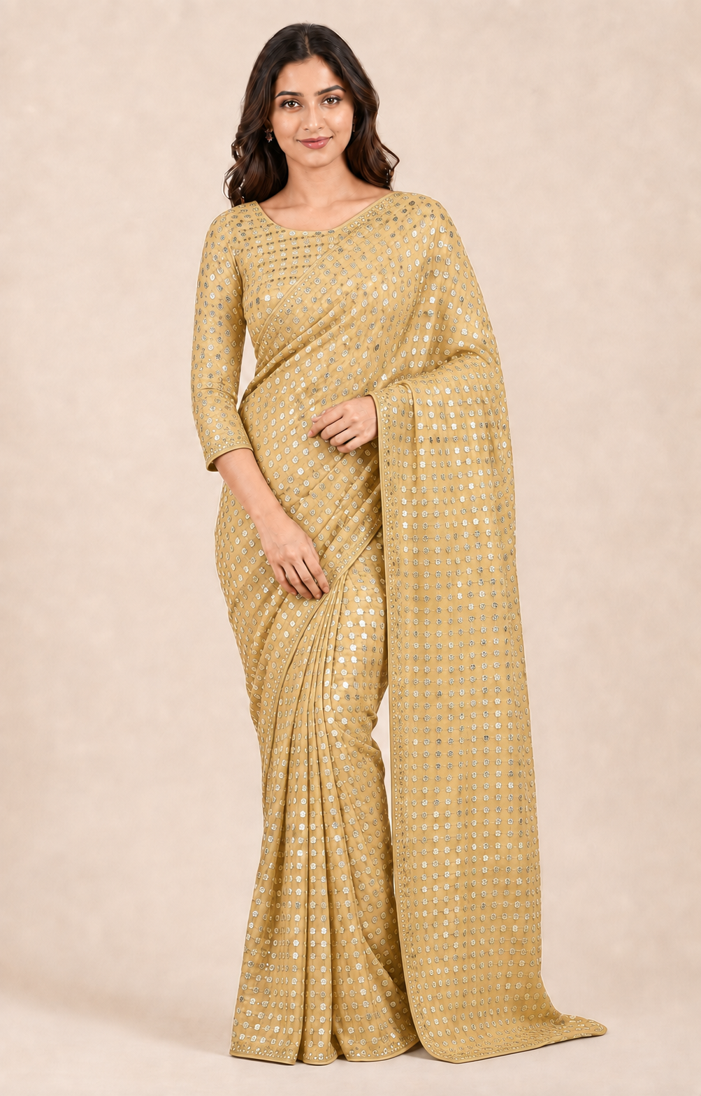 Soft georgette saree with ready blouse from Saree Ghor Charlotte, featuring traditional cultural wear for women.