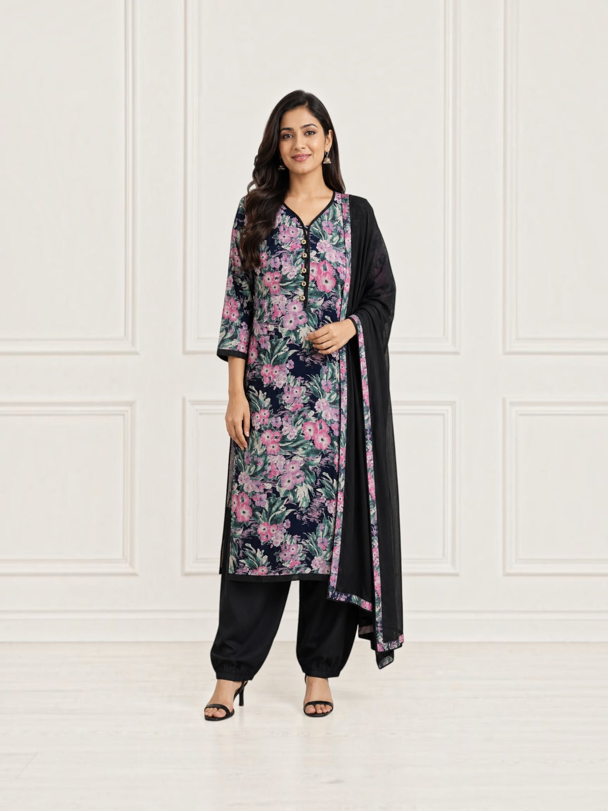 Traditional linen long sleeve salwar kameez for women, cultural wear by Saree Ghor Charlotte, featuring intricate design and comfortable fit.