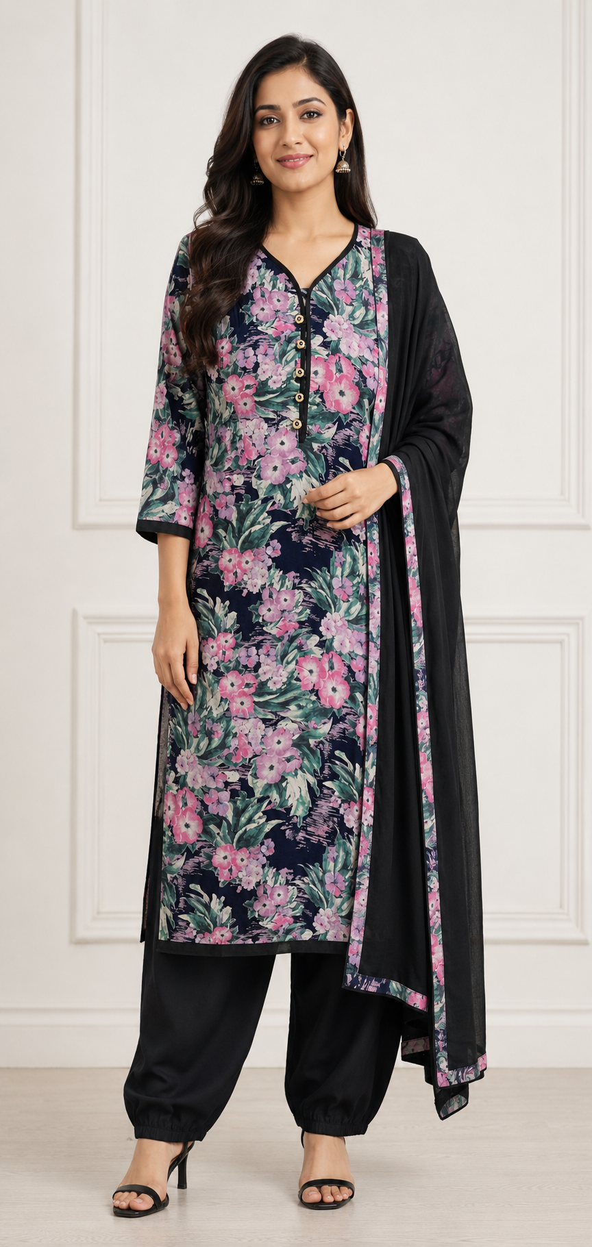 Traditional linen long sleeve Salwar Kameez for women by Saree Ghor Charlotte, showcasing intricate embroidery and cultural style.