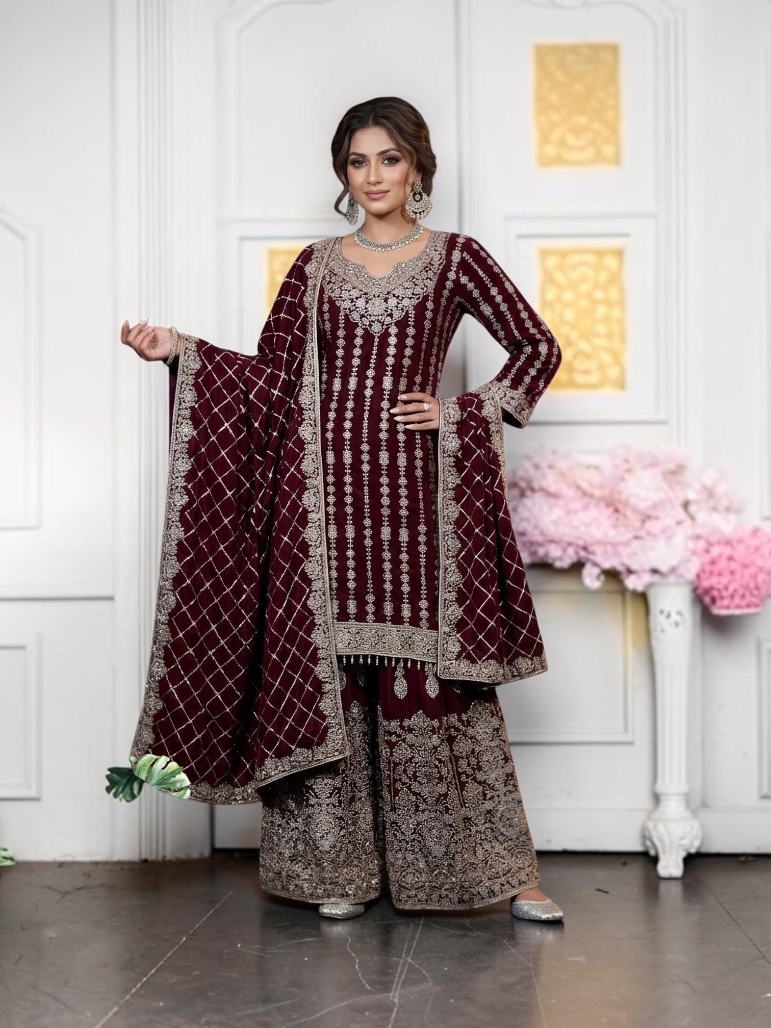 Star Georgette Russian Plazo Dress, cultural women's salwar kameez with elegant star design and flowing silhouette by Saree Ghor Charlotte