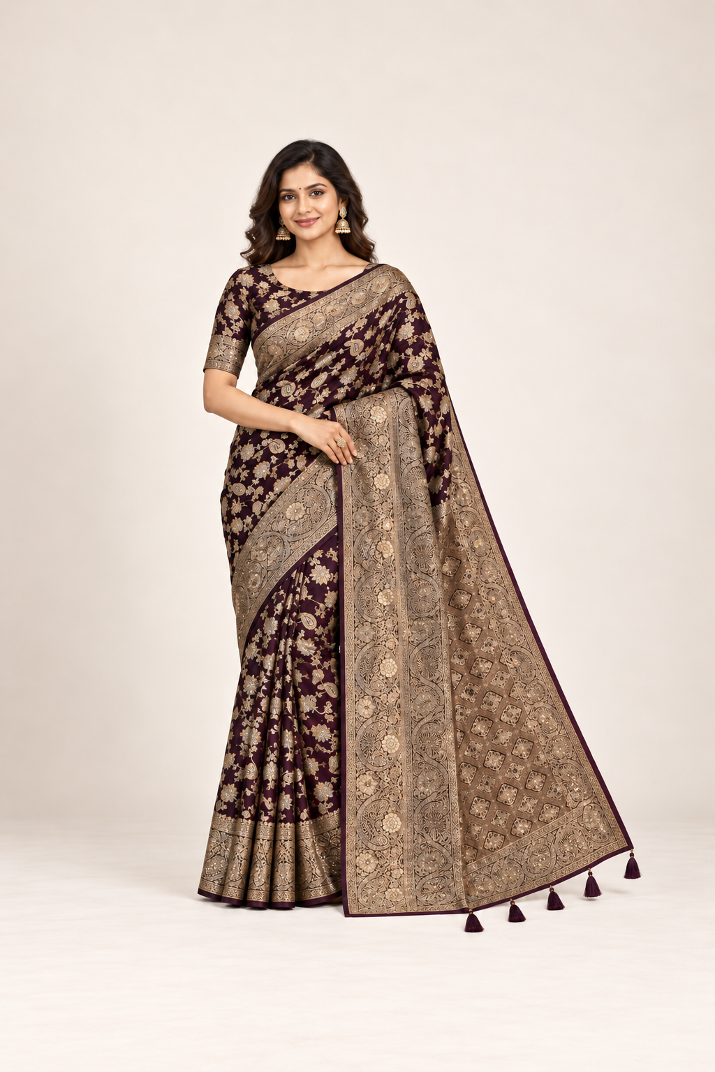 Satin soft Banarasi saree with intricate gold zari work, paired with unstitched blouse for elegant cultural wear by Saree Ghor Charlotte.