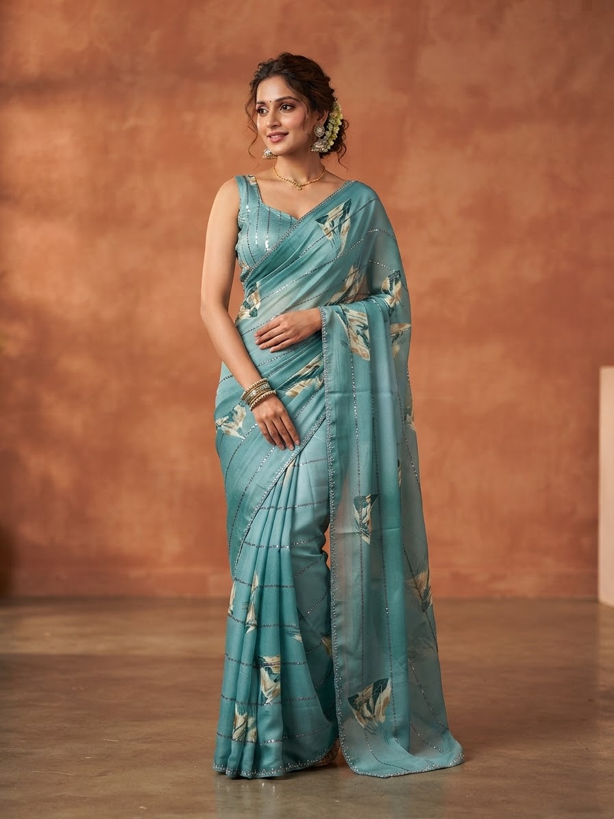 Traditional Saree from Saree Ghor Charlotte, cultural women's wear in vibrant fabric with intricate patterns and elegant drape.