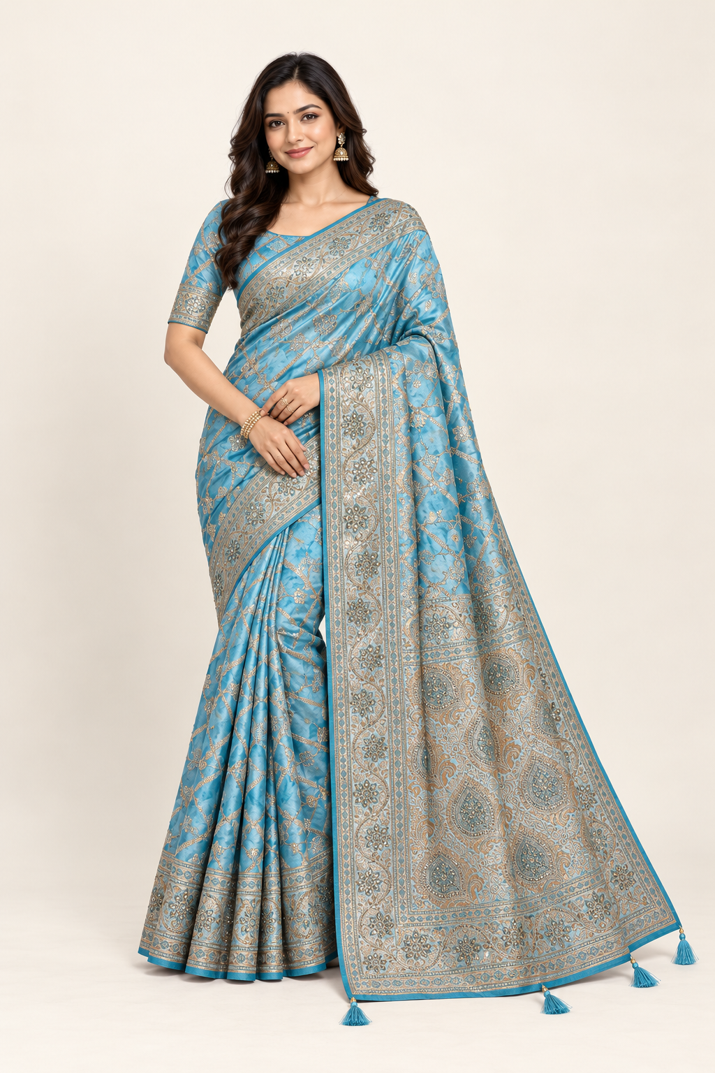 Banarasi saree with intricate gold zari work and unstitched blouse from Saree Ghor Charlotte, traditional Indian cultural wear for women.