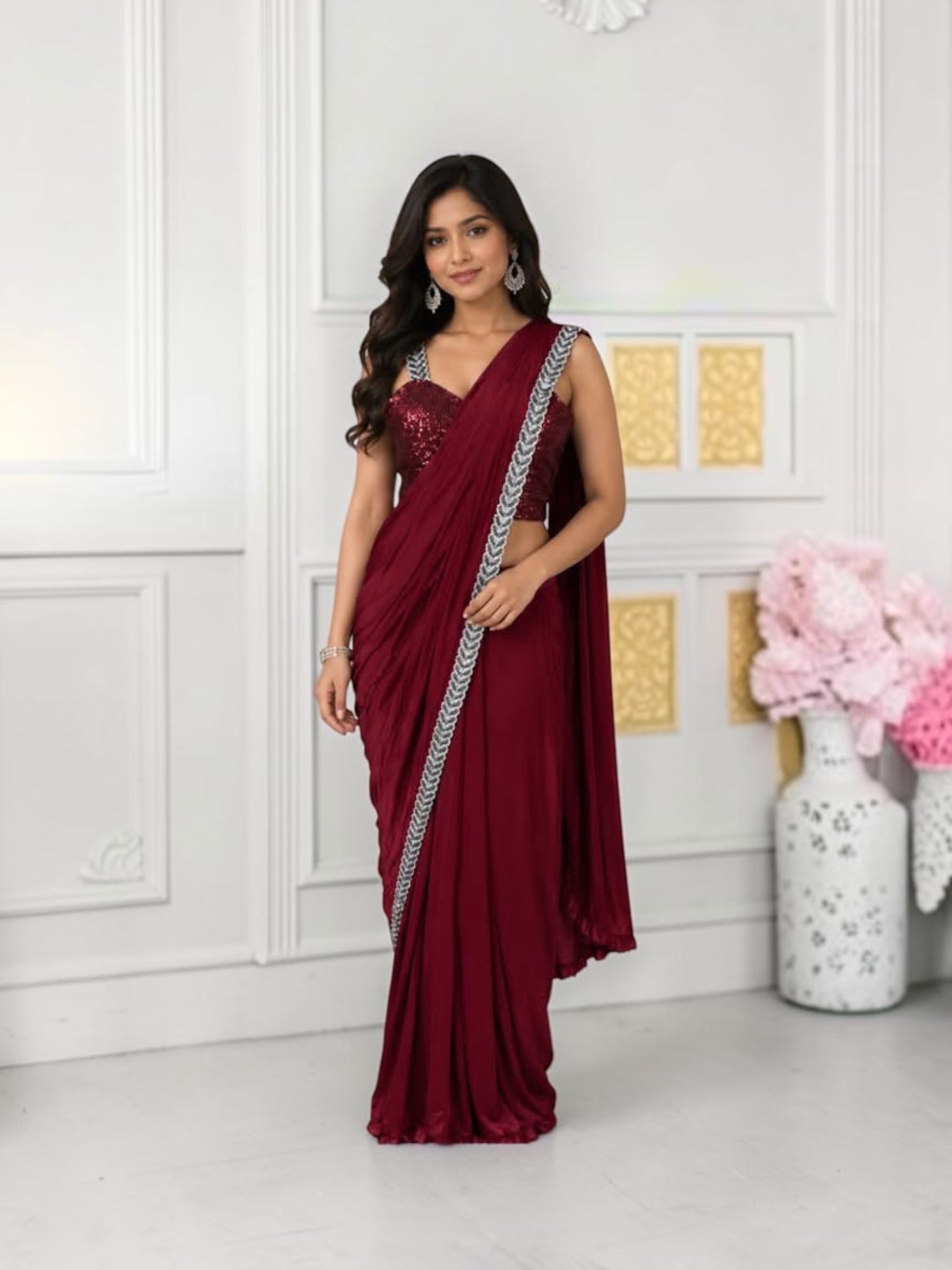 Traditional Saree with matching blouse from Saree Ghor Charlotte, featuring intricate patterns and vibrant colors for cultural wear.