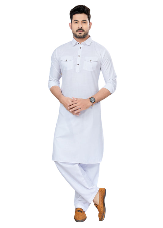 Traditional White Pathani Cotton Kurta Pajama Outfit