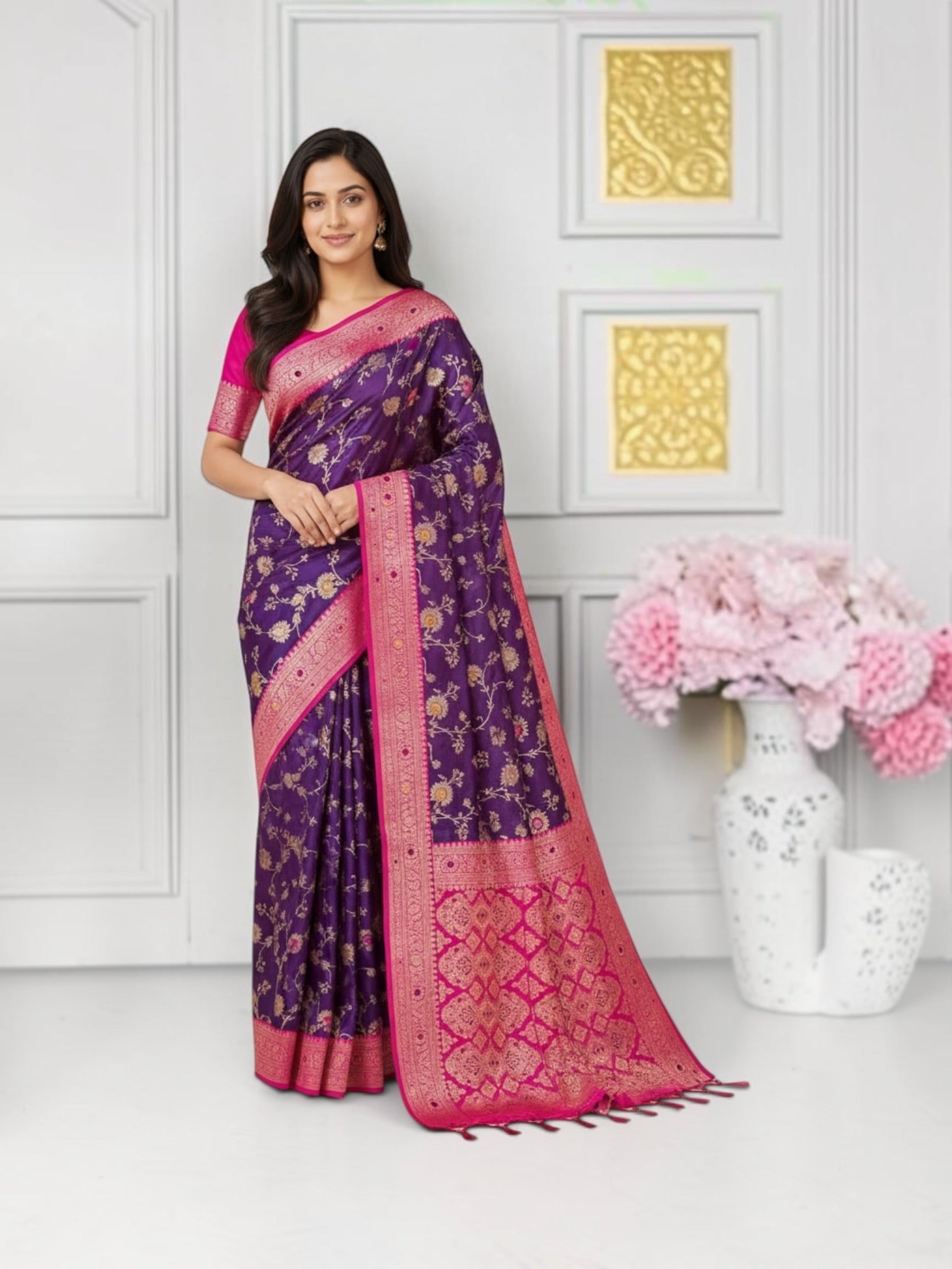 Traditional silk weaving saree with unstitched blouse from Saree Ghor Charlotte, showcasing intricate silk fabric and vibrant colors.