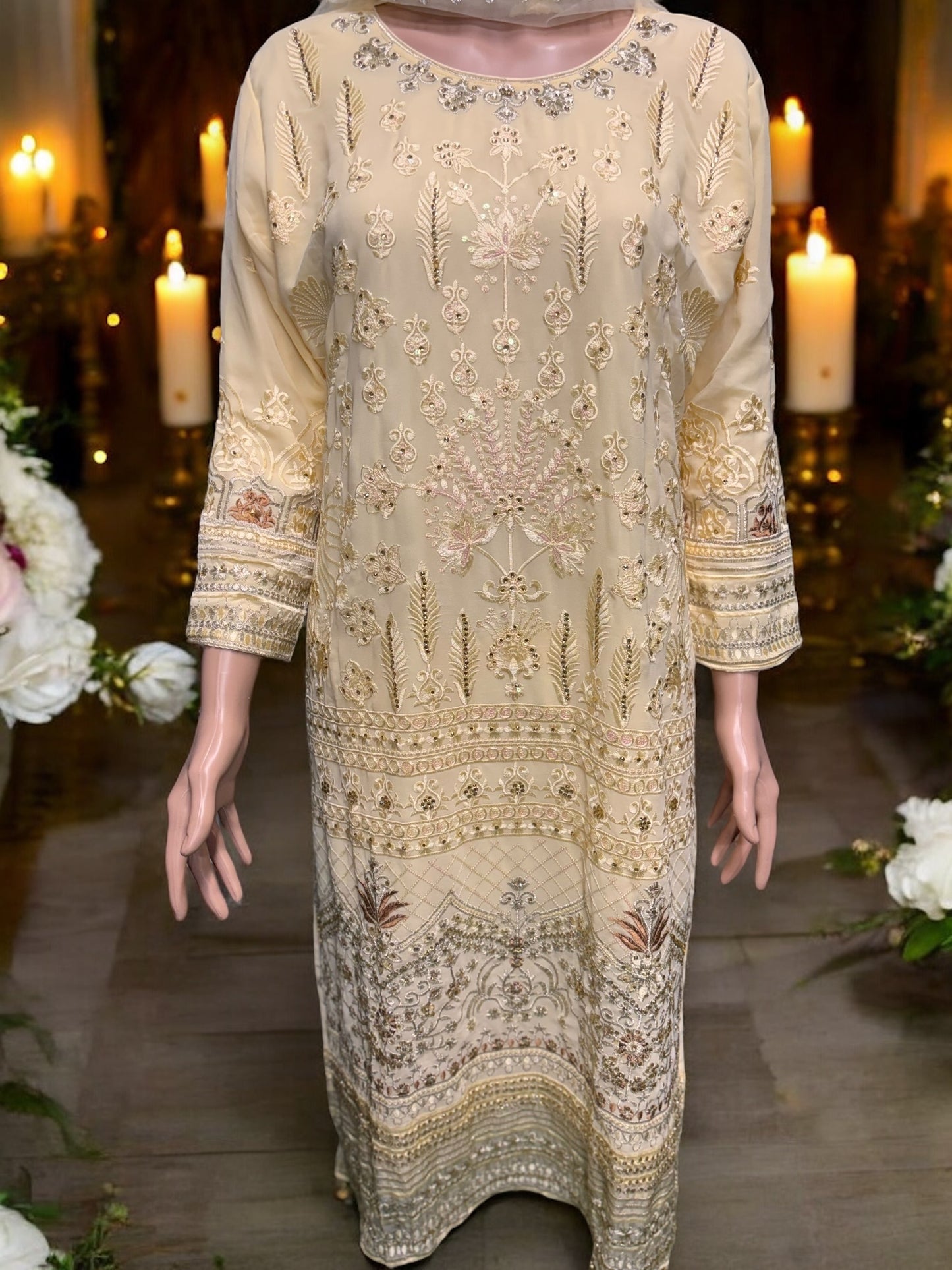 Golden Color Georgette Suit with Beautiful Embroidery Work