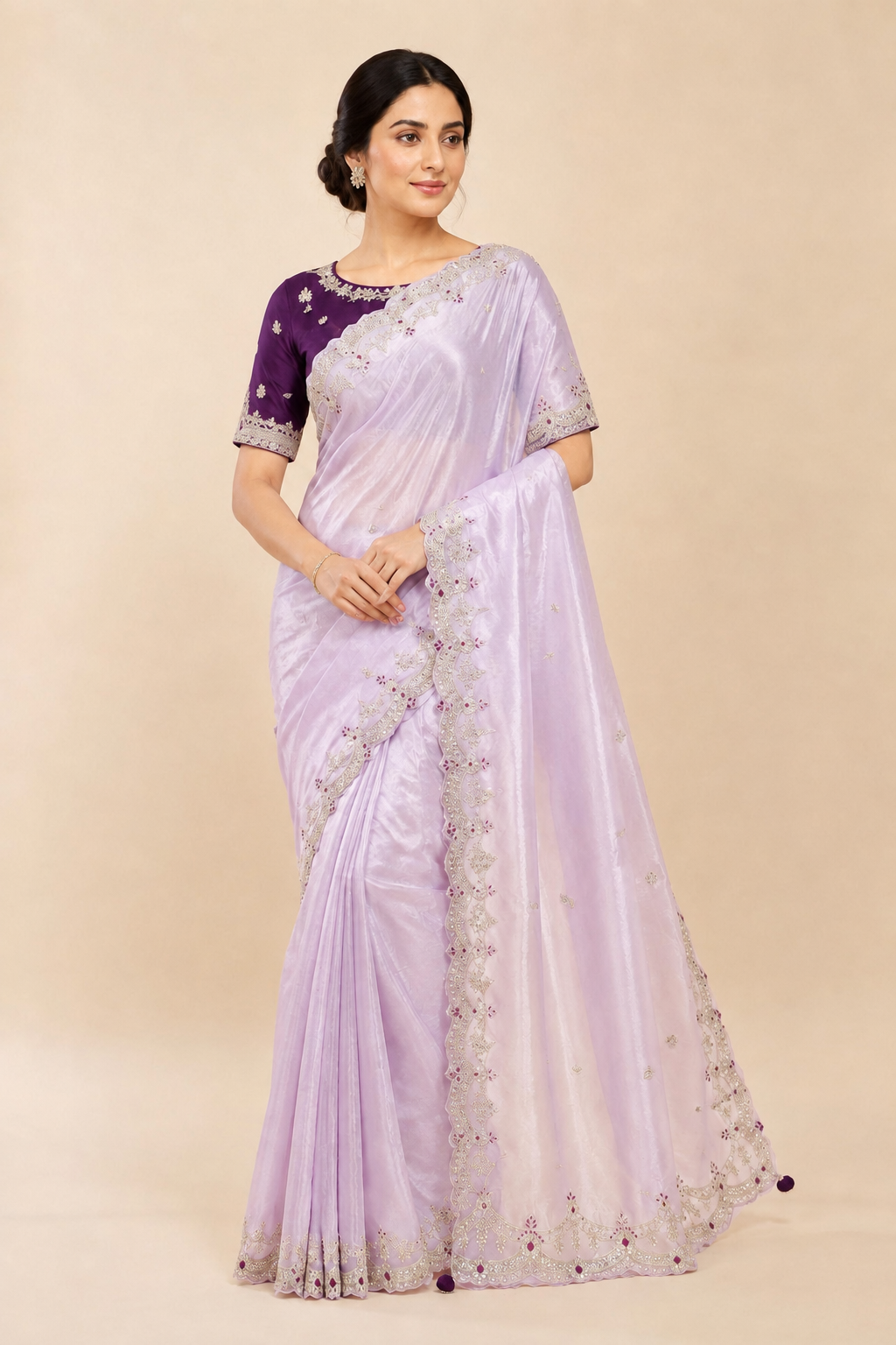 Elegant designer saree with ready blouse from Saree Ghor Charlotte, featuring traditional cultural wear for women.