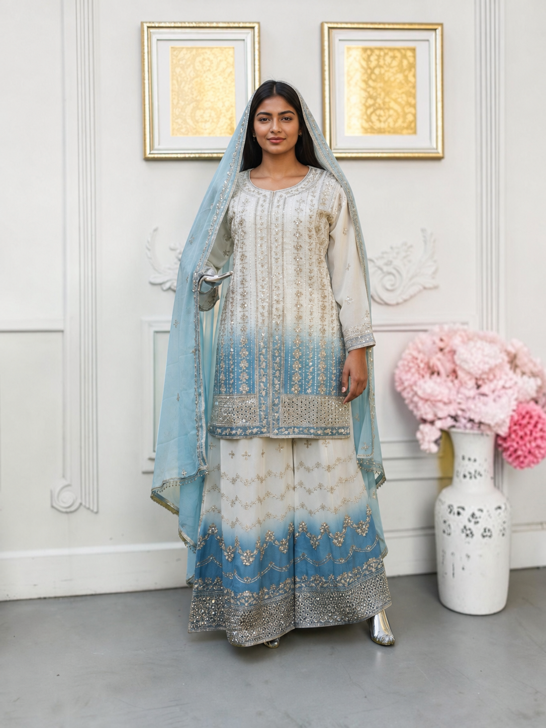 Star Georgette Russian Plazo Dress, Cultural Wear for Women
