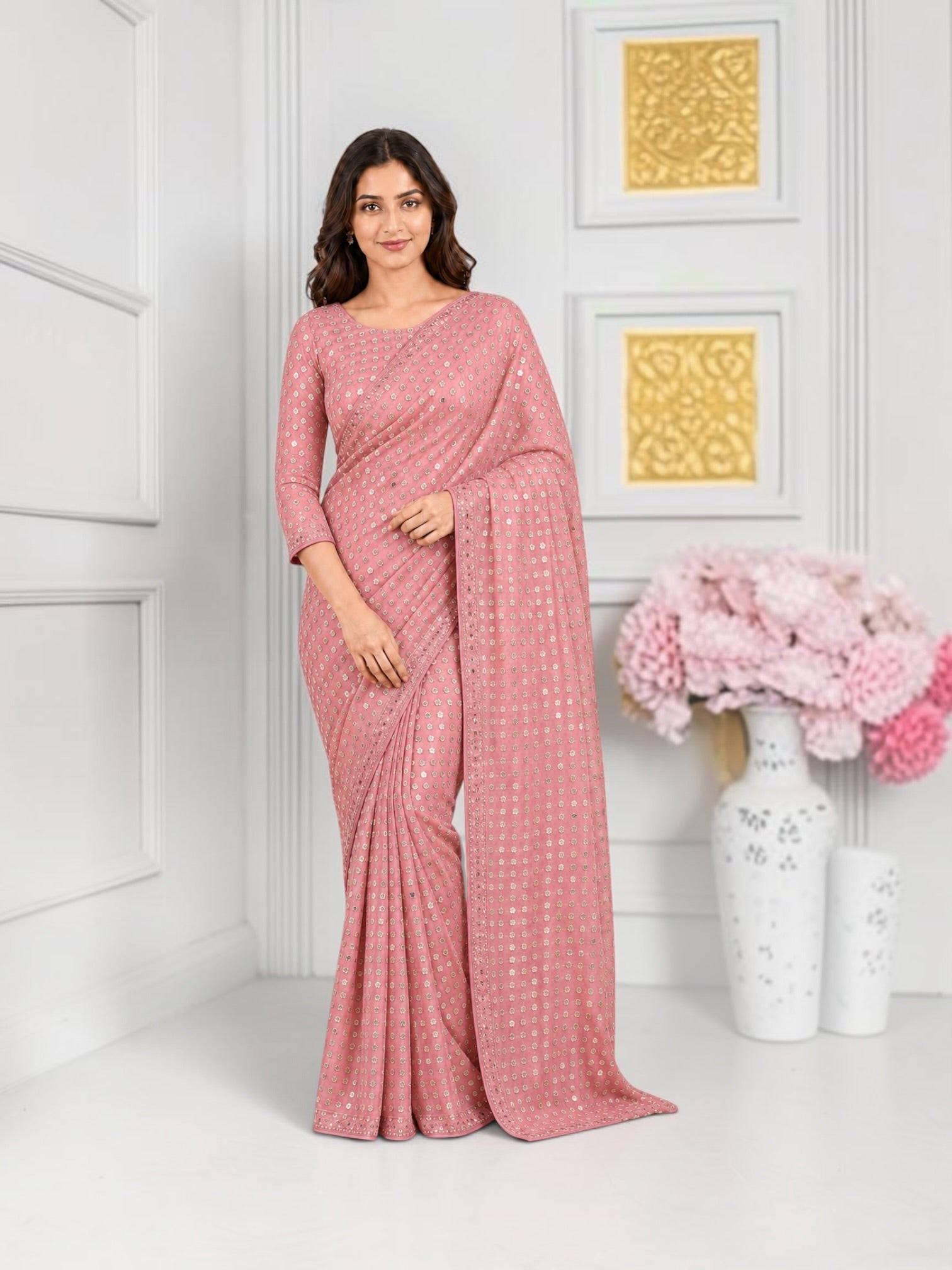 Elegant soft georgette saree with matching ready blouse from Saree Ghor Charlotte, perfect for cultural wear for women.