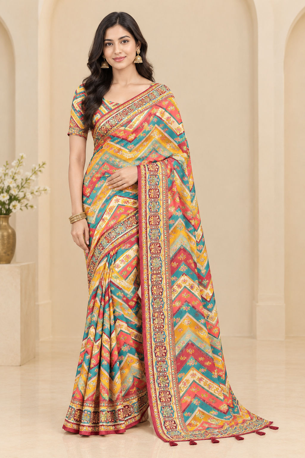 Soft Chinon Silk Saree with Ready Blouse, Cultural Wear for Women