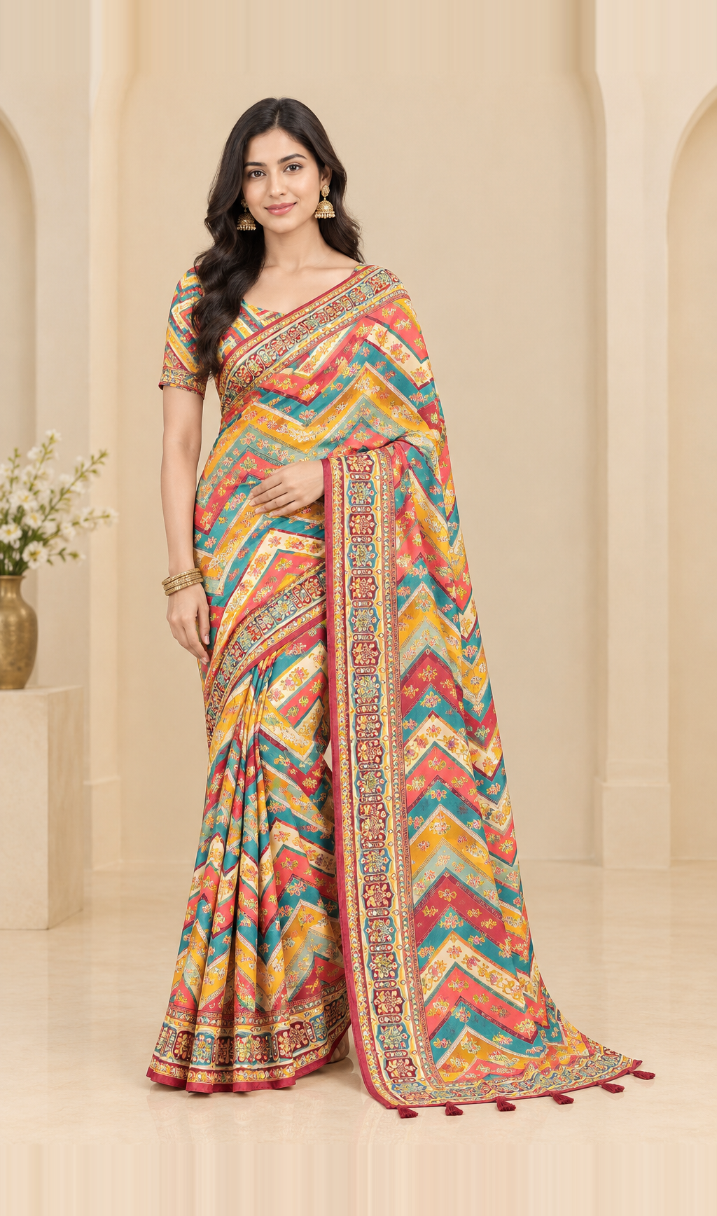 Soft Chinon Silk Saree with Ready Blouse, Cultural Wear for Women