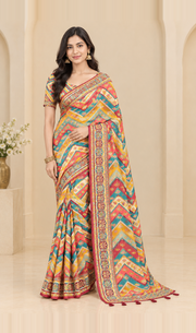 Soft Chinon Silk Saree with Ready Blouse, Cultural Wear for Women