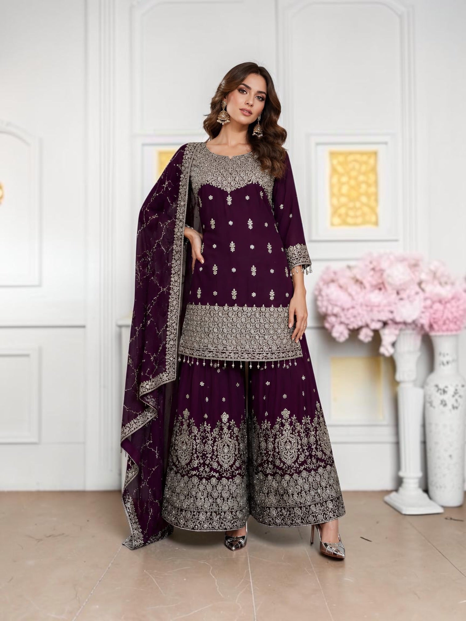 Elegant Blooming Georgette Russian Plazo dress with Zari work, traditional cultural wear for women by Saree Ghor Charlotte.
