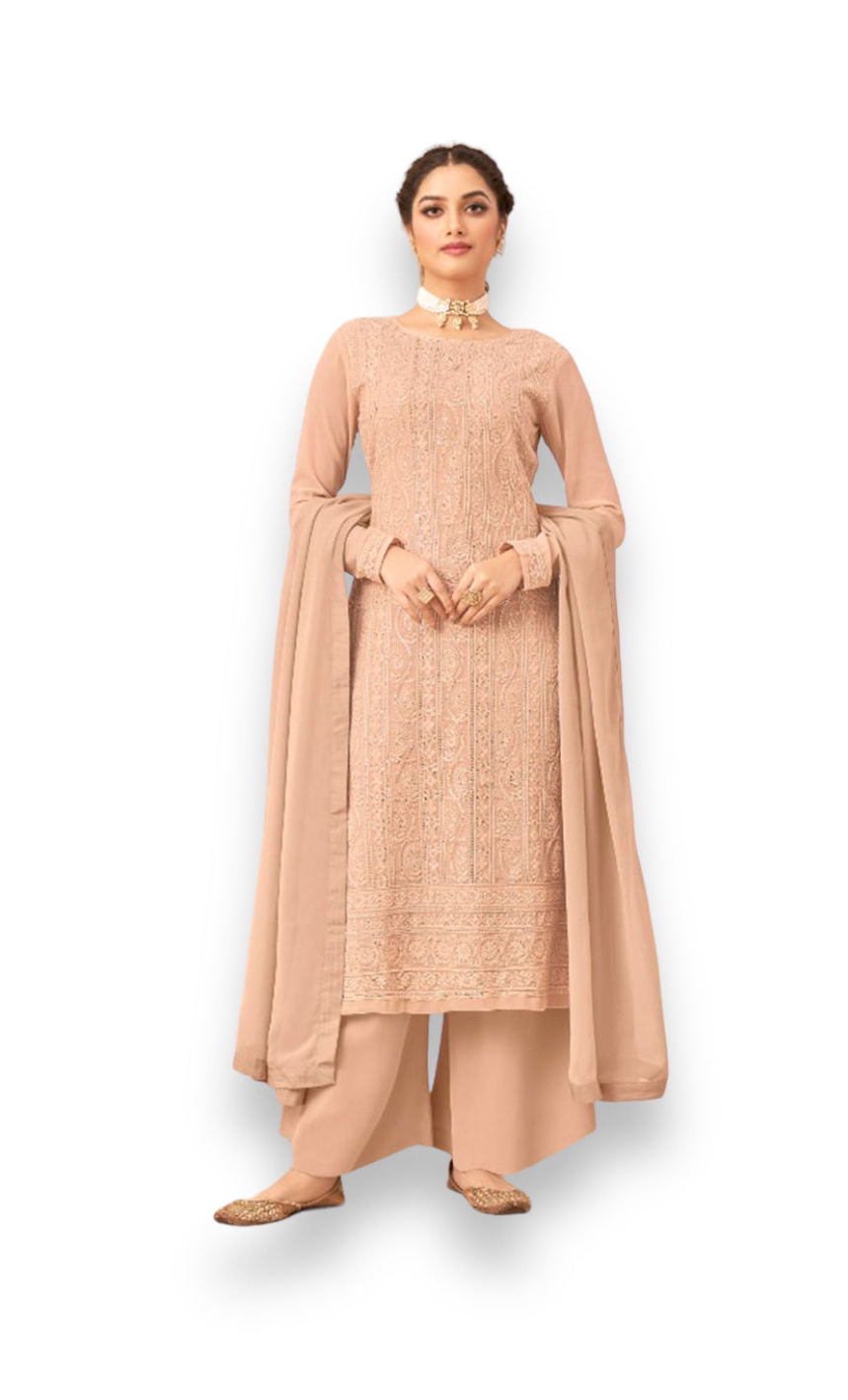 Peach Faux Georgette Lucknowi Work Salwar Suit - Elegance Redefined