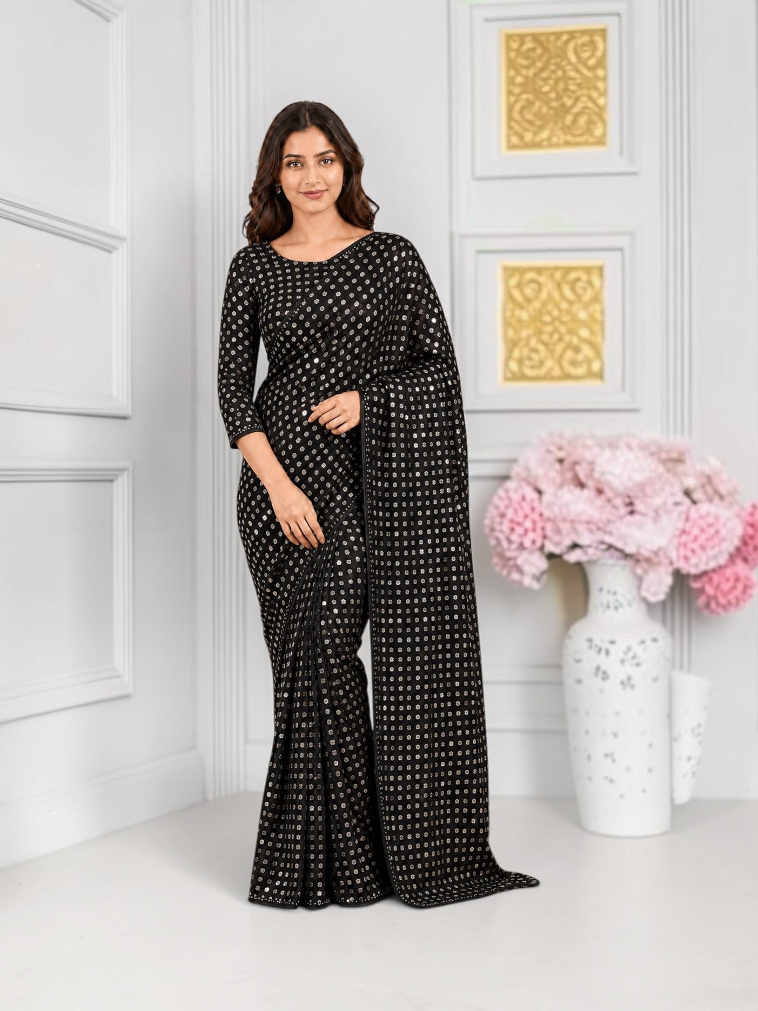 Elegant soft georgette saree with matching ready blouse from Saree Ghor Charlotte, perfect for cultural and festive wear.