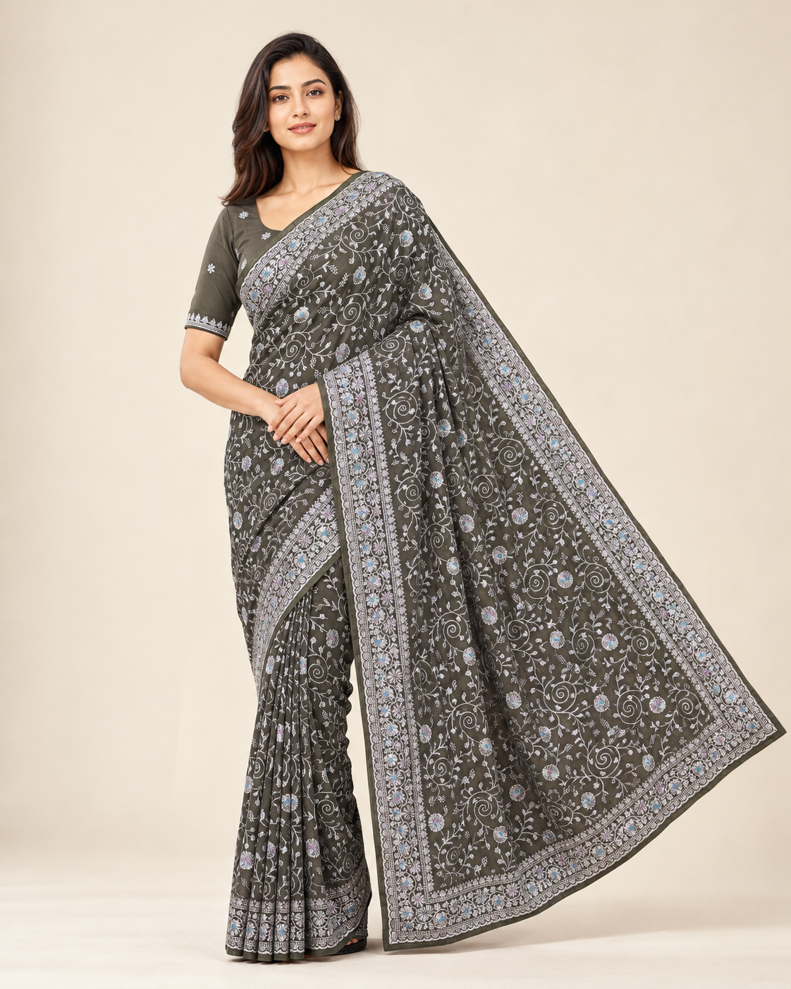 Traditional Saree by Saree Ghor Charlotte with matching blouse, showcasing intricate designs and vibrant cultural attire for women.
