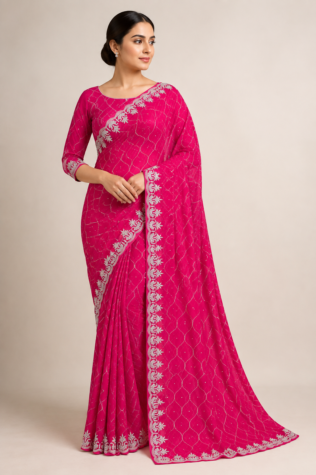 Elegant designer net saree with intricate embellishments and matching ready blouse from Saree Ghor Charlotte for women.