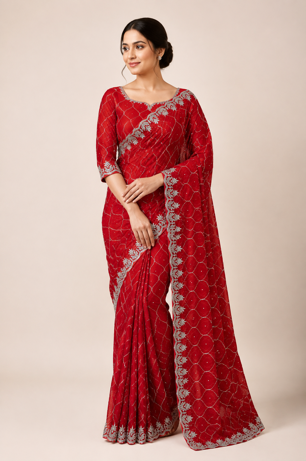 Elegant designer net saree by Saree Ghor Charlotte with matching ready blouse, perfect for cultural wear for women.