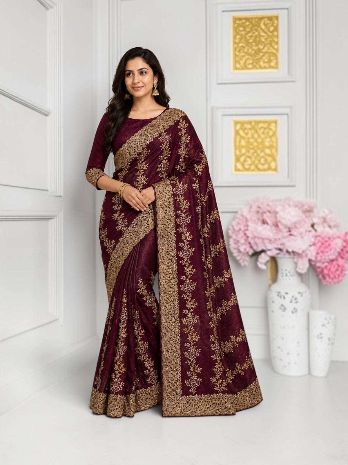 Elegant traditional saree by Saree Ghor Charlotte with intricate designs, perfect for cultural wear for women.