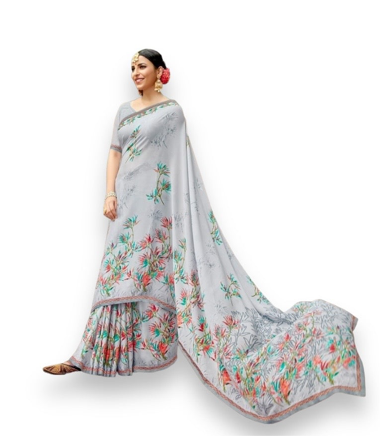 Chiffon Flower Print Saree – Vibrant Floral Design, Lightweight & Breathable Fabric- 75107