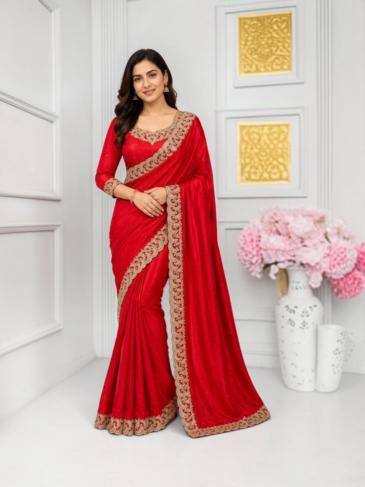 Red designer handwork saree with stone embellishments, cultural wear for women by Saree Ghor Charlotte