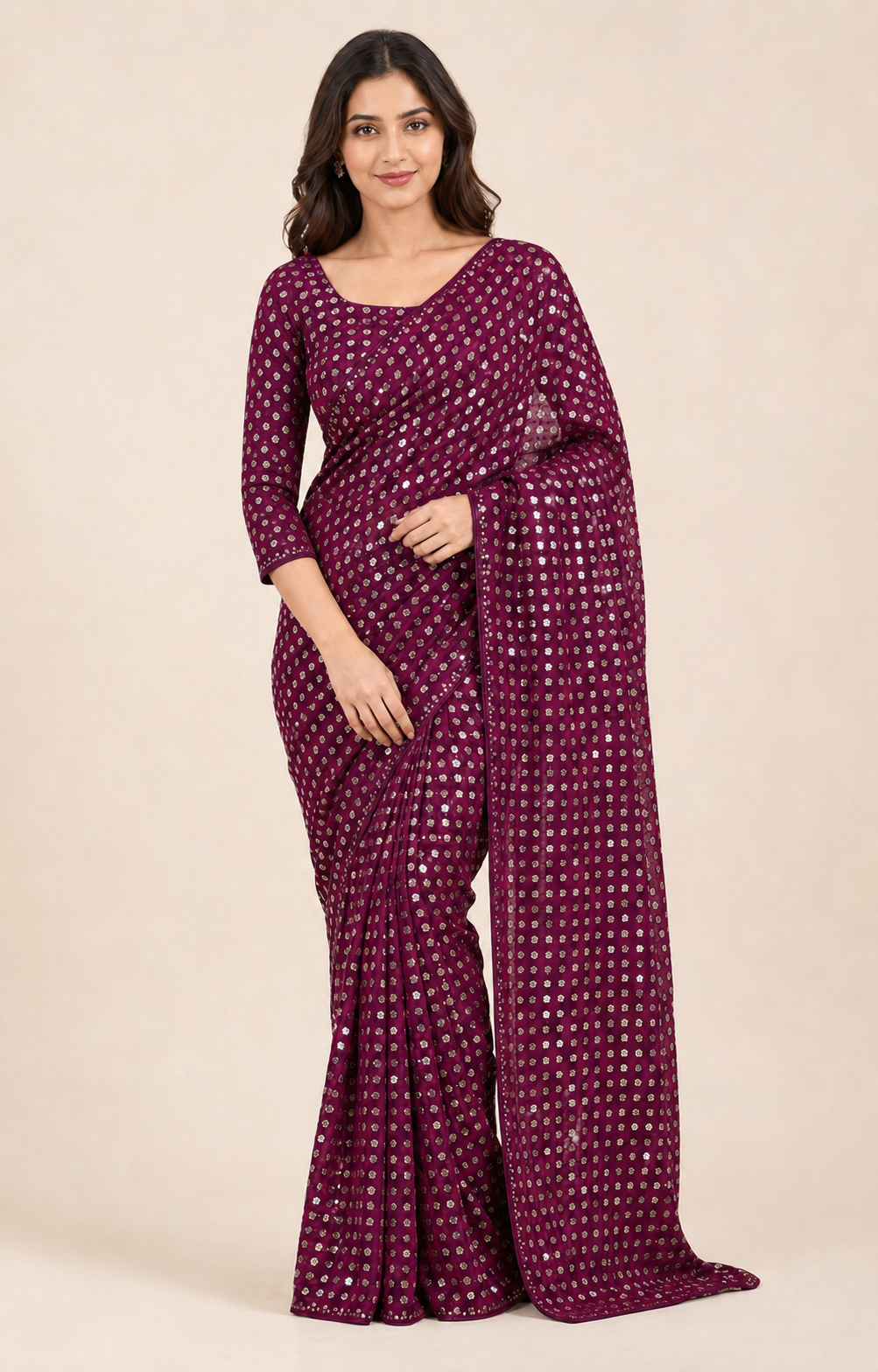 Soft georgette saree with matching ready blouse, cultural women's wear in elegant drape, by Saree Ghor Charlotte.