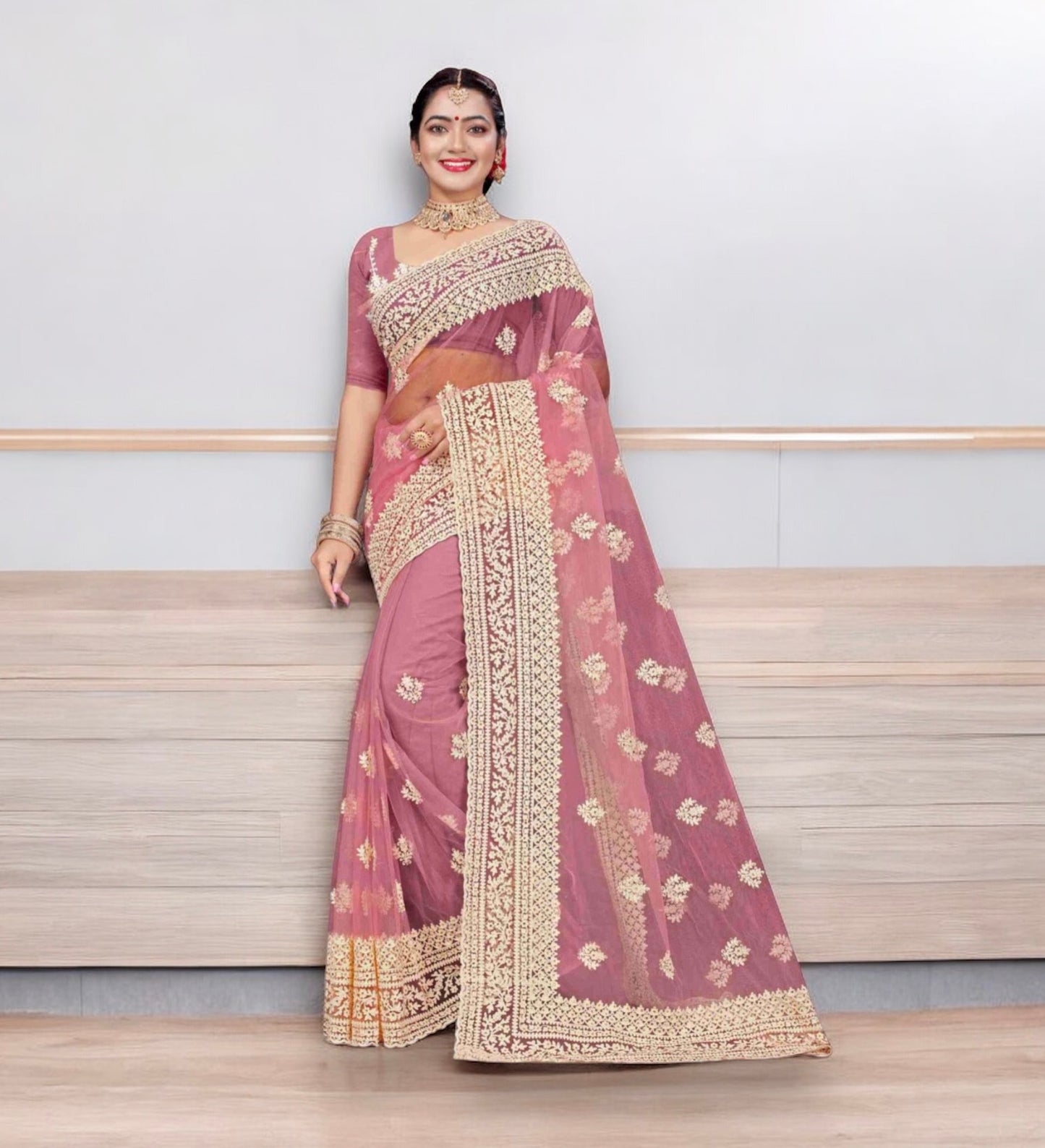 Enchanting Evening: Party Wear Net Saree with Intricate Embellishments