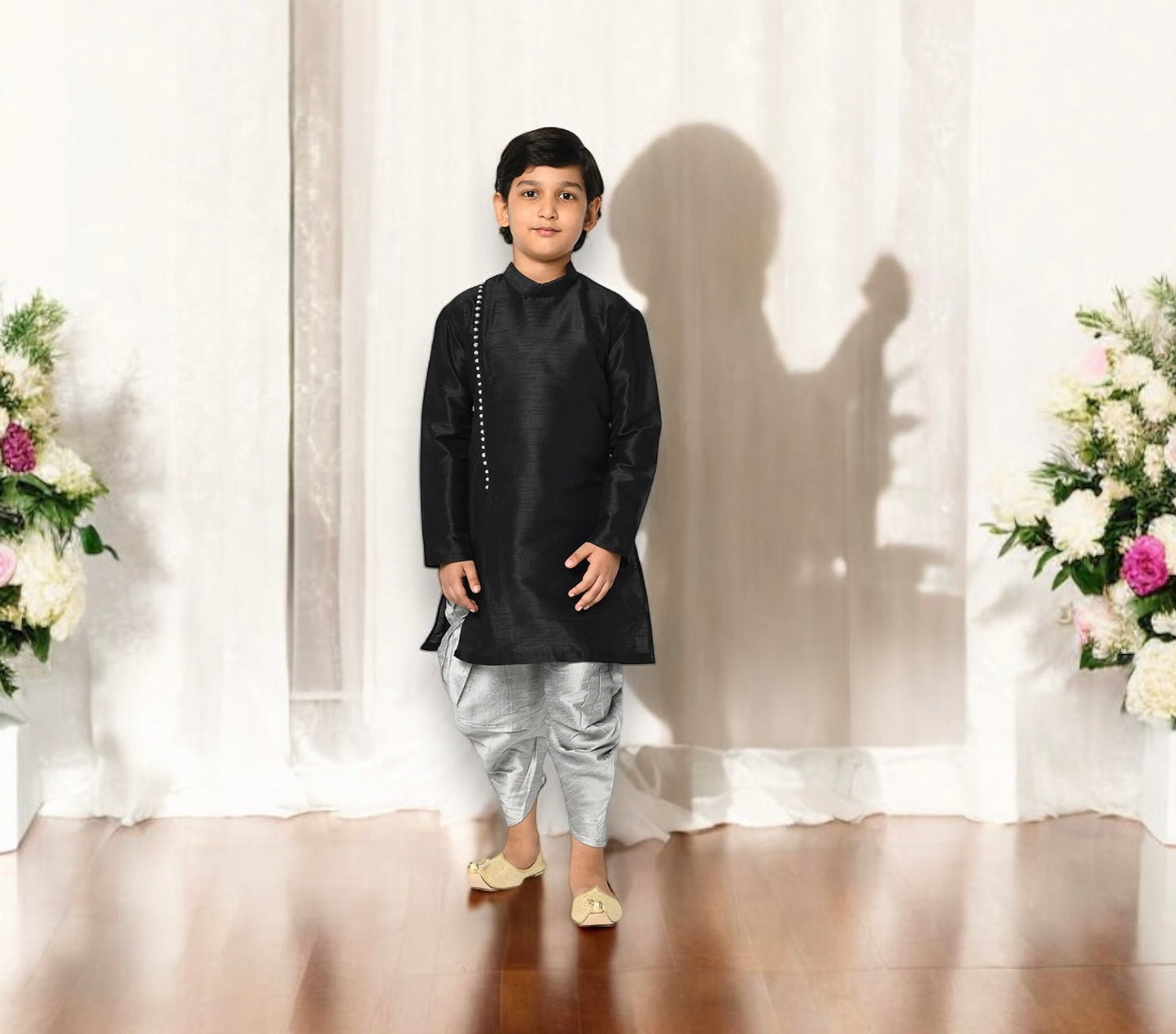 Black - Exquisite Dupion Silk Party Wear Weaving Kids Kurta Pajama