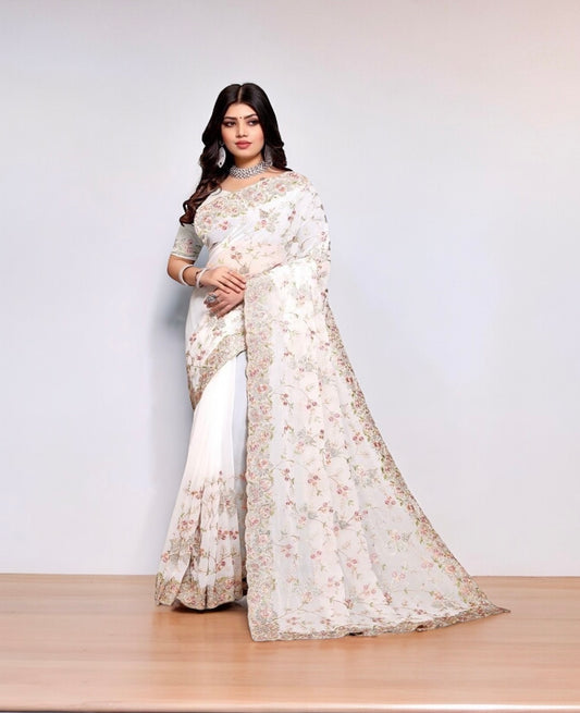Elegant White Georgette Party Wear Saree with Heavy Resham & Jari Embroidery and Ready Blouse