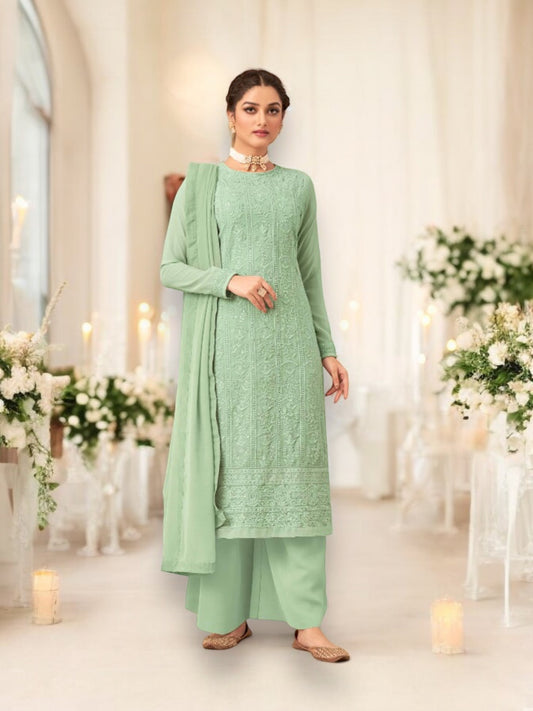 Pista green Faux Georgette Lucknowi Work Salwar Suit - Elegance Redefined