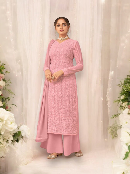 Pink Faux Georgette Lucknowi Work Salwar Suit - Elegance Redefined